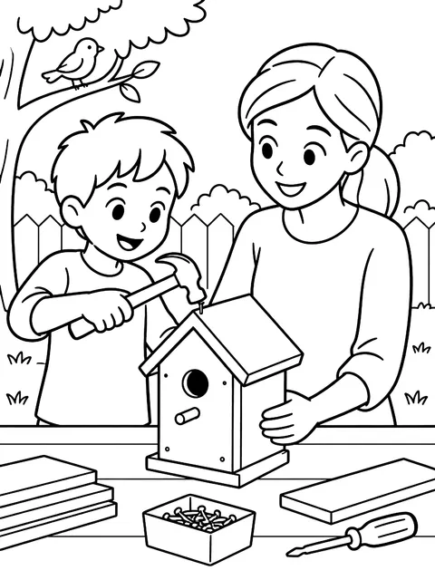 Building a birdhouse together coloring page