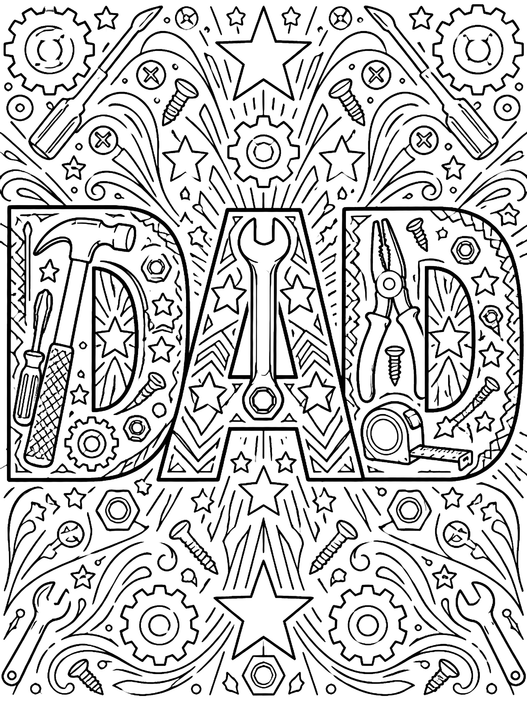 Detailed The word dad filled with tools and stars coloring page