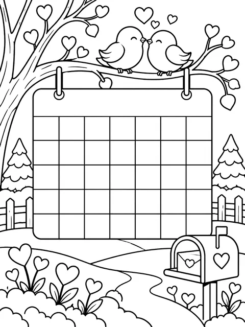Blank February calendar grid coloring page