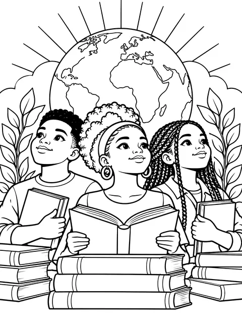 Black History Month title page with books coloring page