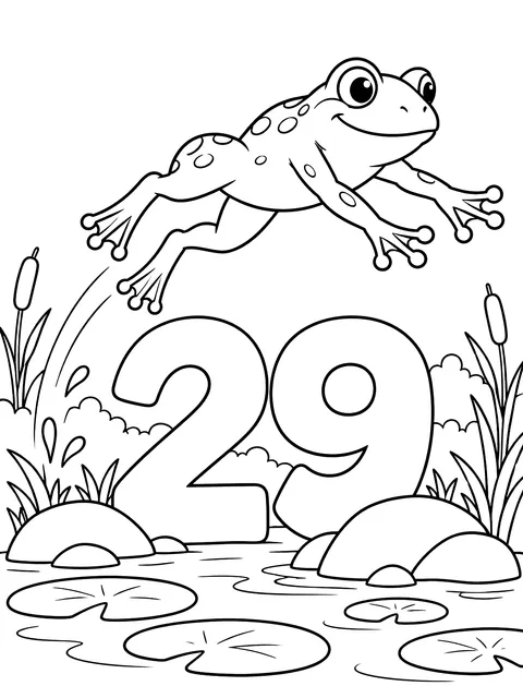 Frog leaping over the number 29 coloring page