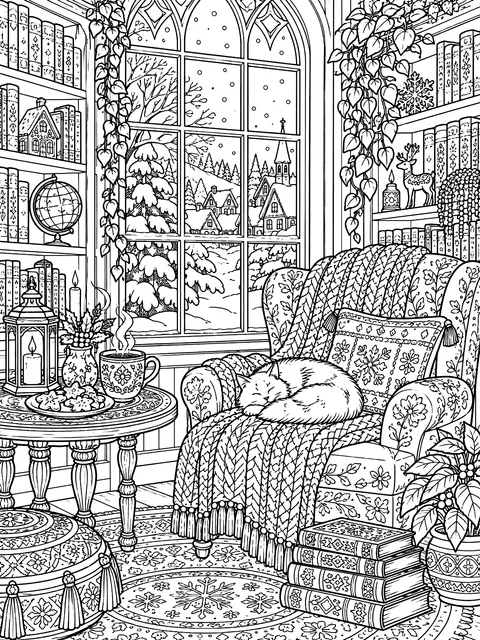 Detailed Library reading nook in winter coloring page
