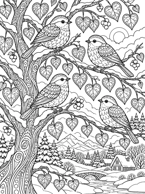 Detailed Birds on a winter tree with heart-shaped leaves coloring page
