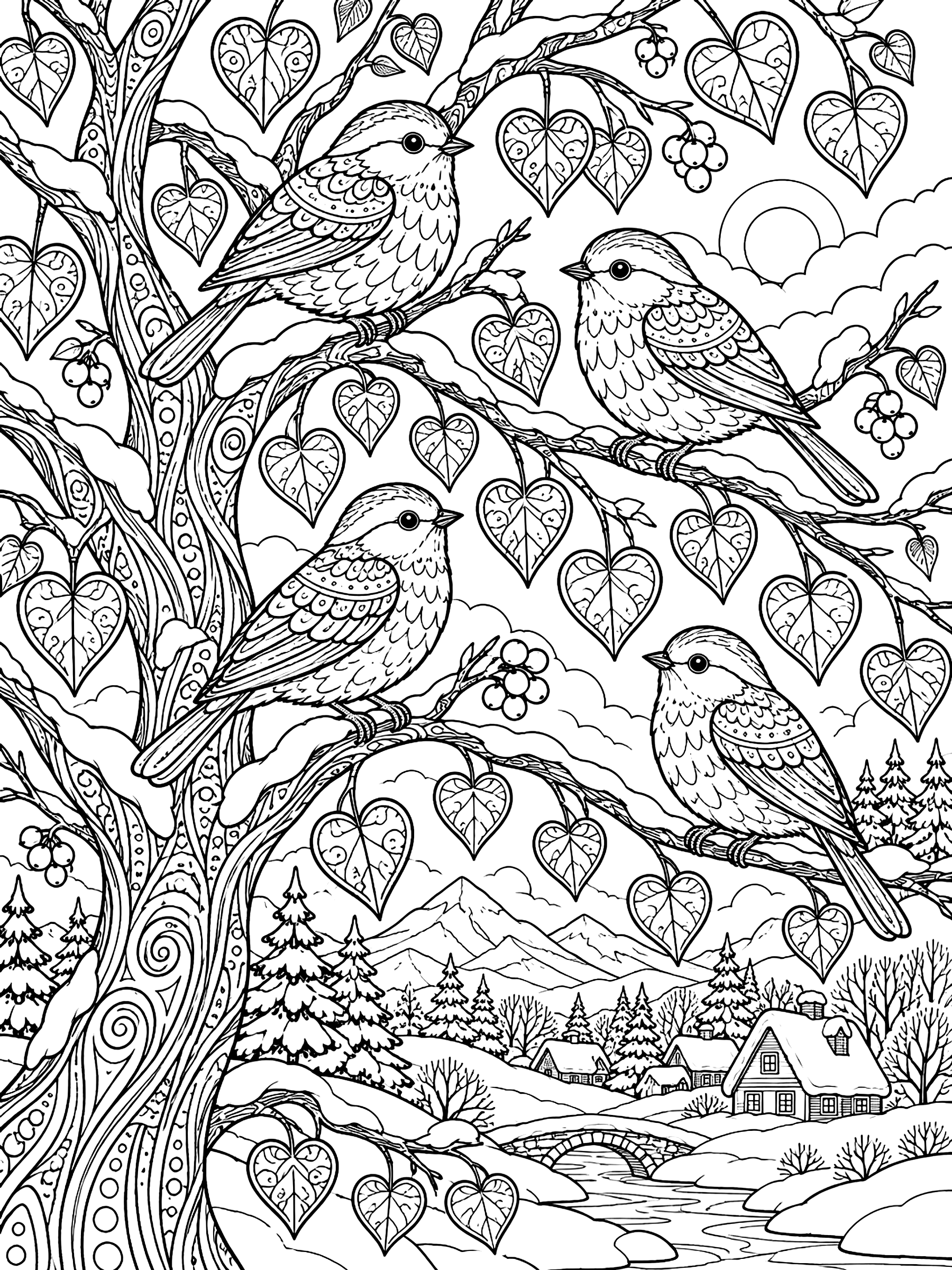 Detailed Birds on a winter tree with heart-shaped leaves coloring page