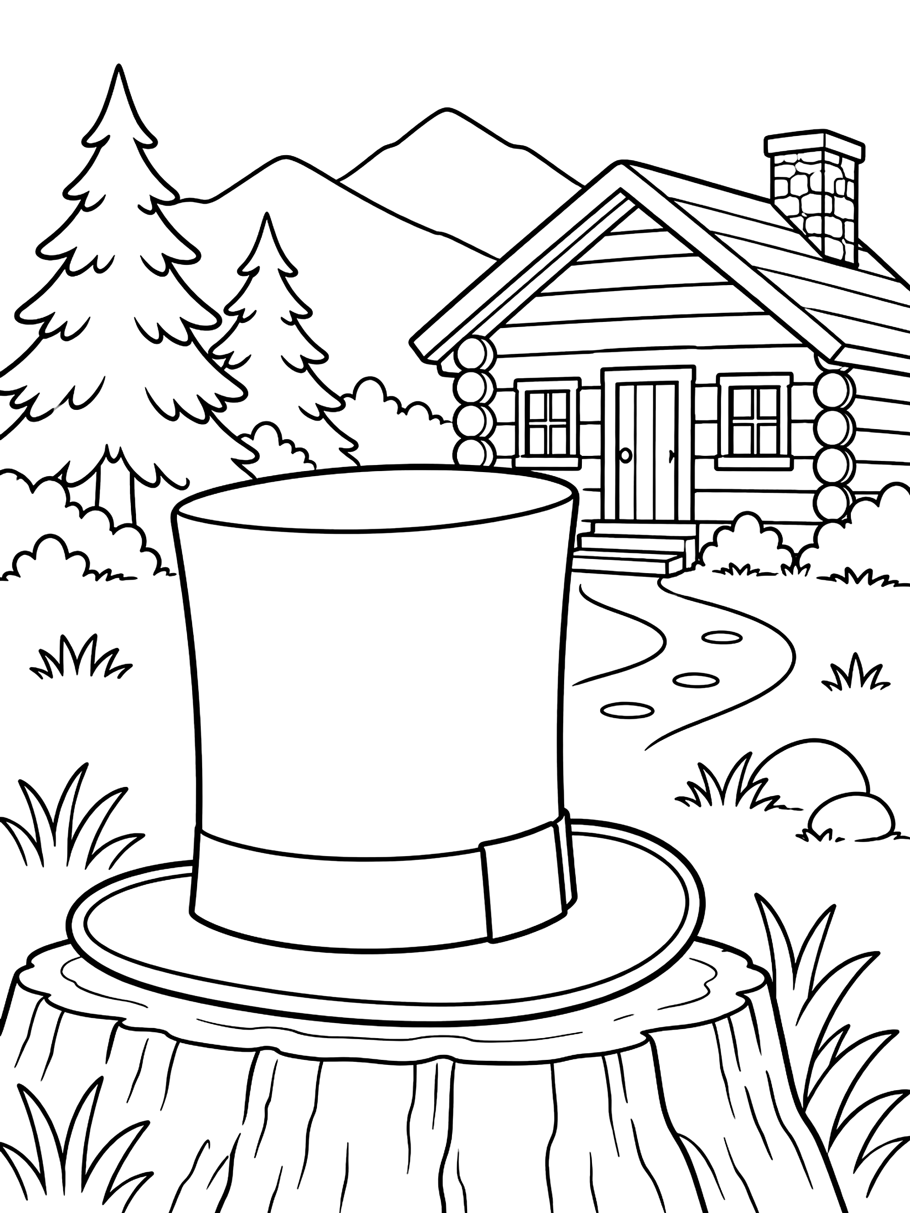 Tall black hat and a log cabin coloring page