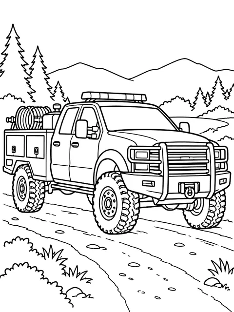 Brush truck on a dirt road coloring page