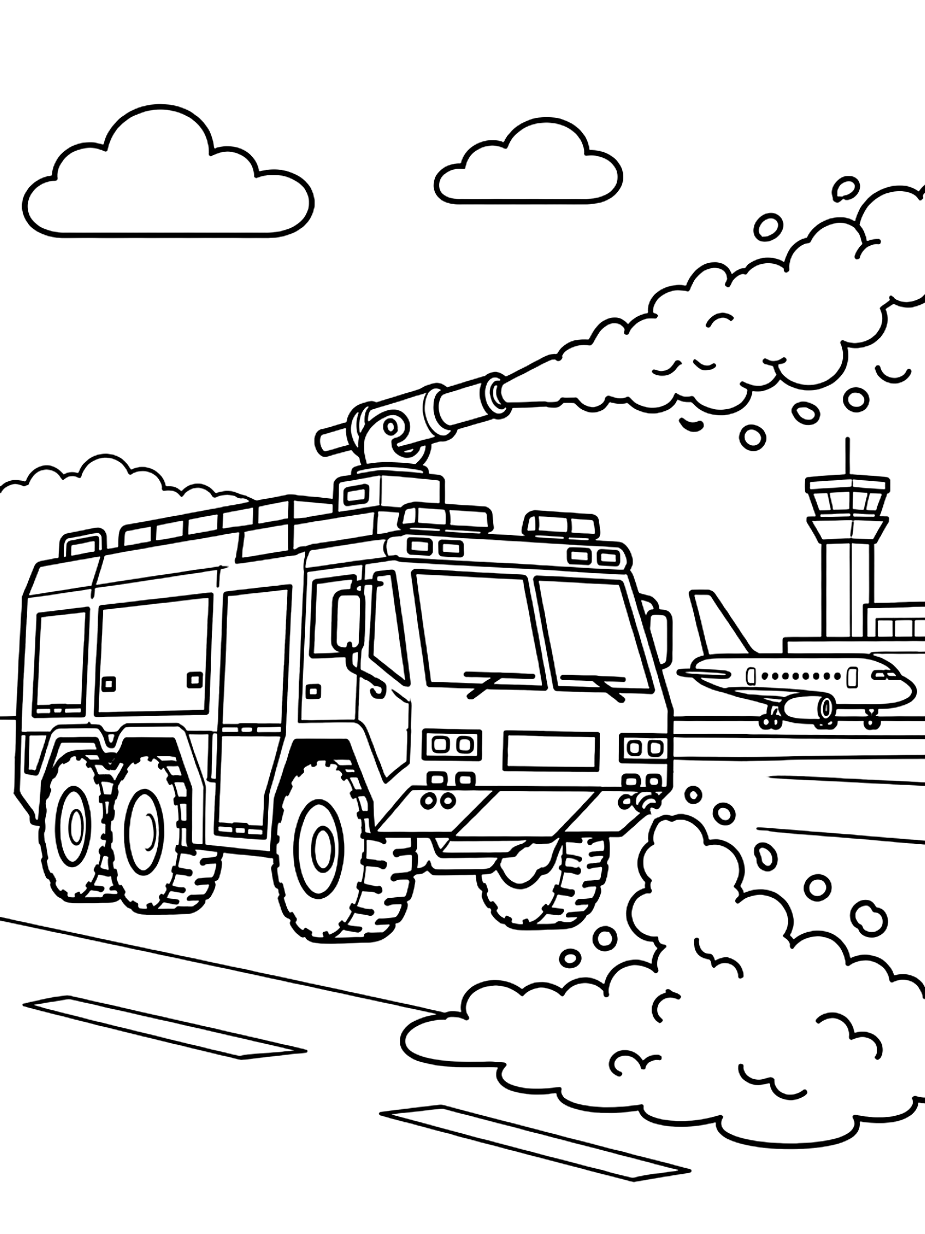 Airport fire truck spraying foam coloring page