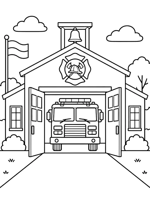 Fire station with open doors coloring page
