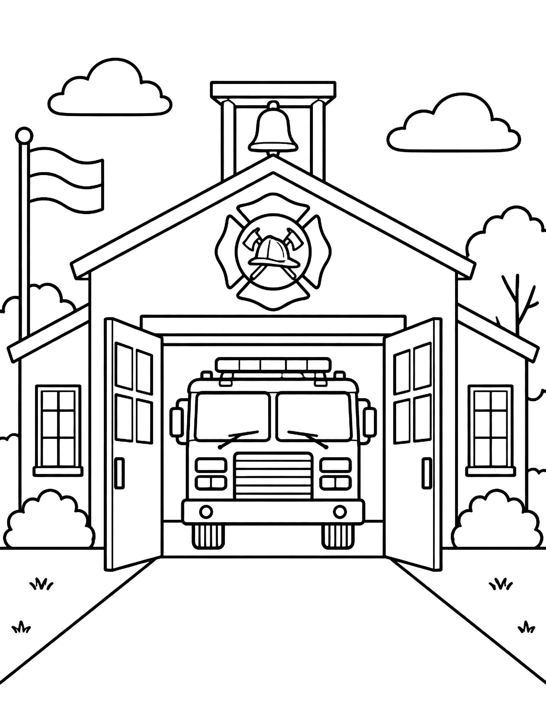 Fire station with open doors coloring page