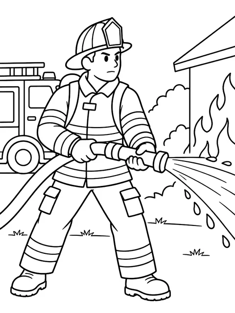 Firefighter spraying a hose coloring page