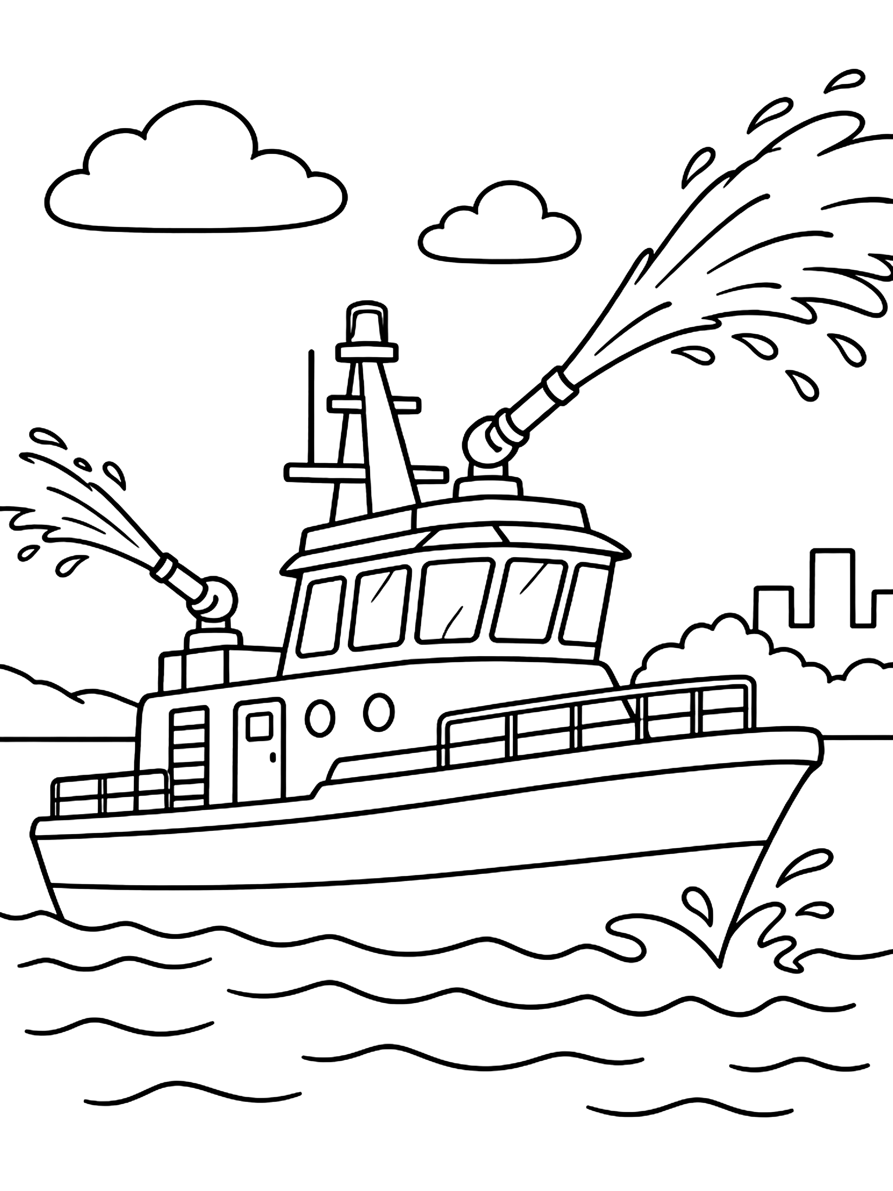 Fire boat spraying water coloring page