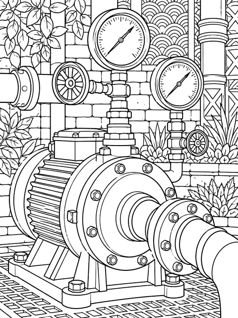 Detailed Pump panel close-up with gauges coloring page
