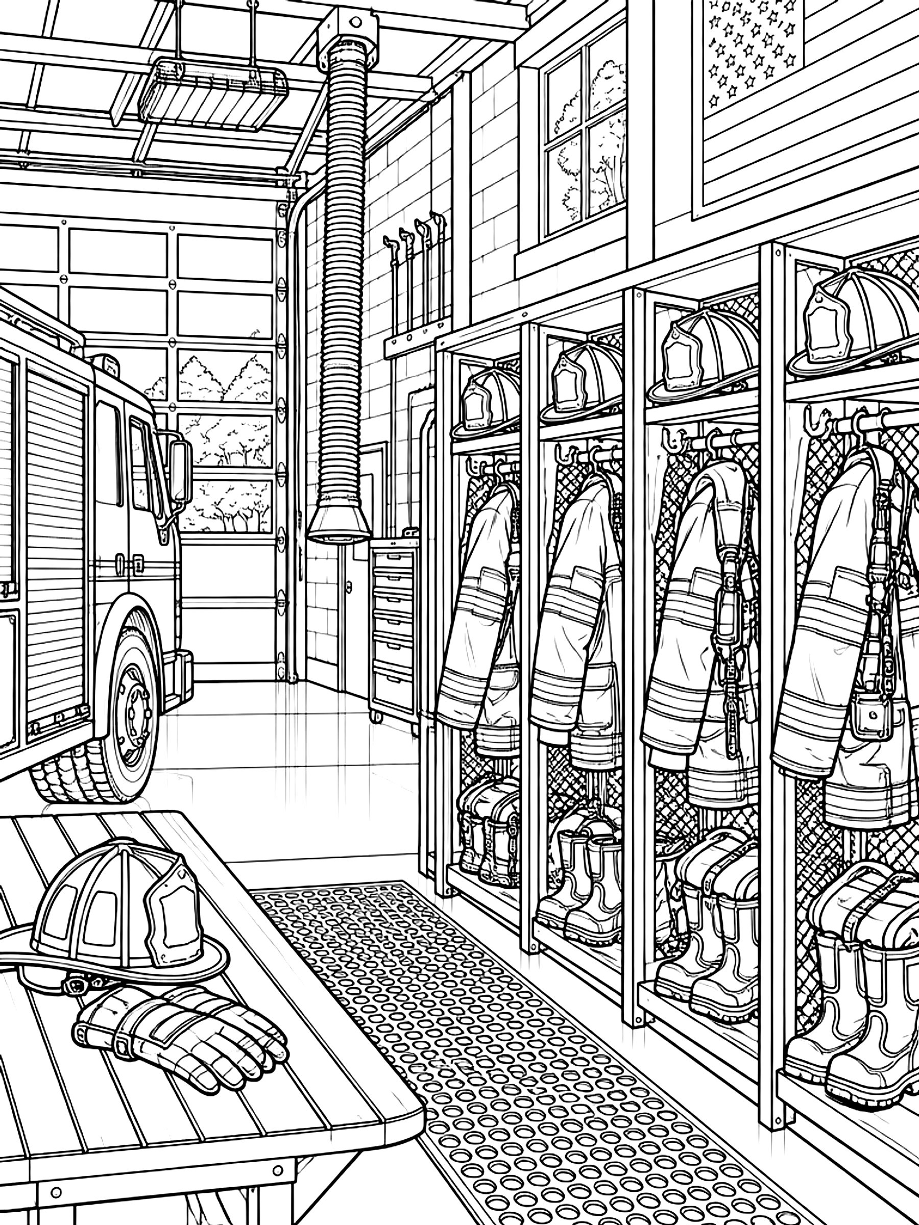 Detailed Inside the fire station with gear racks coloring page