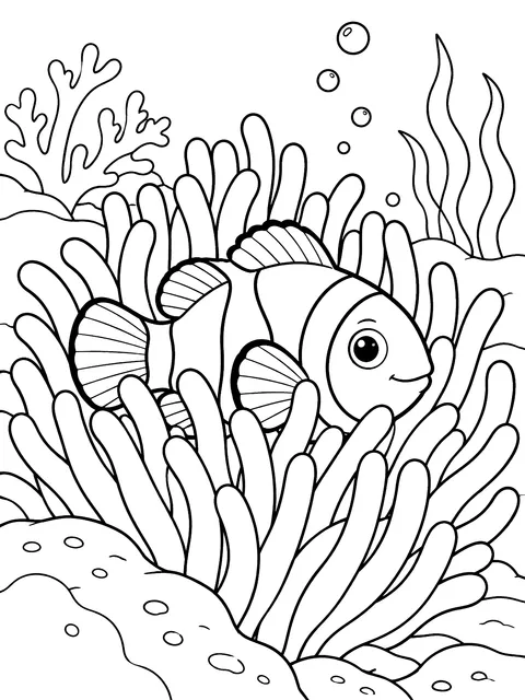 Clownfish in a sea anemone coloring page
