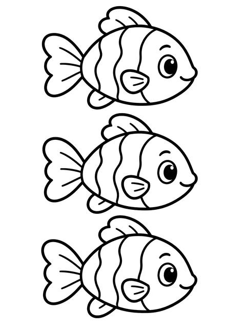 Easy Three little fish in a row coloring page