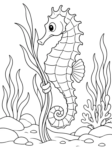 Seahorse holding seagrass coloring page