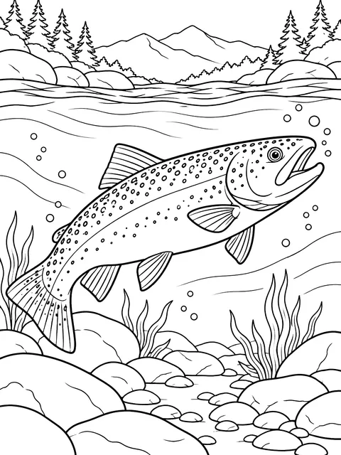 Rainbow trout in a stream coloring page