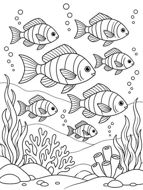 School of fish coloring page