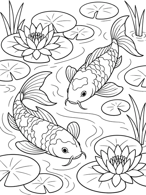 Koi in a lily pond coloring page