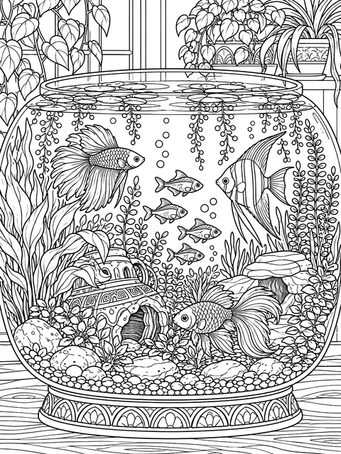 Detailed Home aquarium with plants and fish coloring page