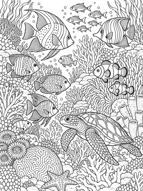 Detailed Coral reef full of tropical fish coloring page