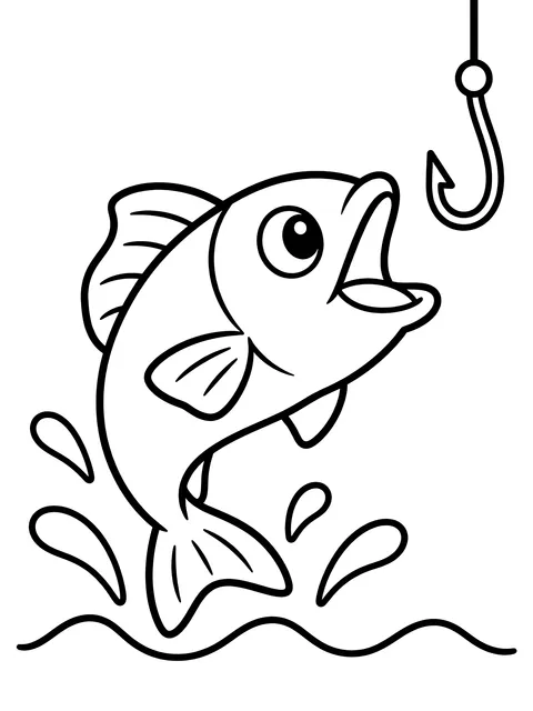 Easy Fish jumping at a hook coloring page