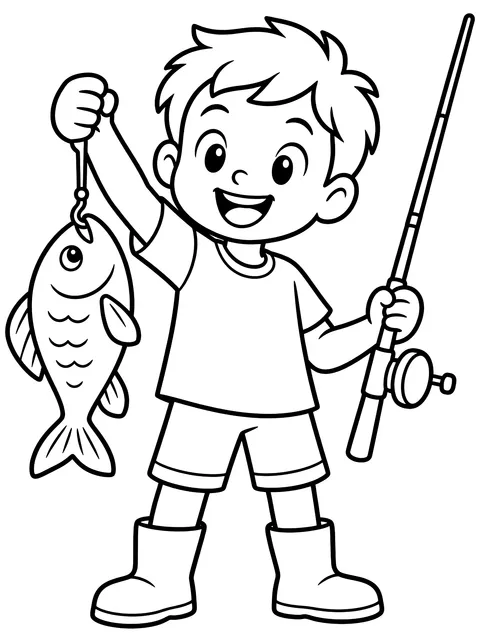 Easy Kid holding up a first catch coloring page