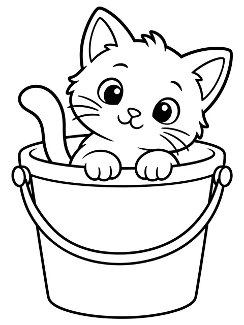 Easy Bucket with a curious cat coloring page