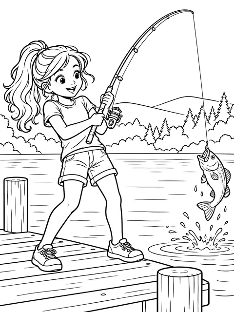 Girl reeling in from a dock coloring page