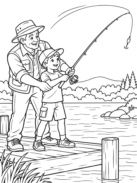Grandfather teaching a boy to cast coloring page