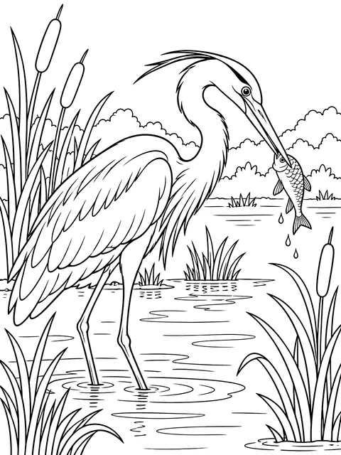 Heron fishing in the reeds coloring page