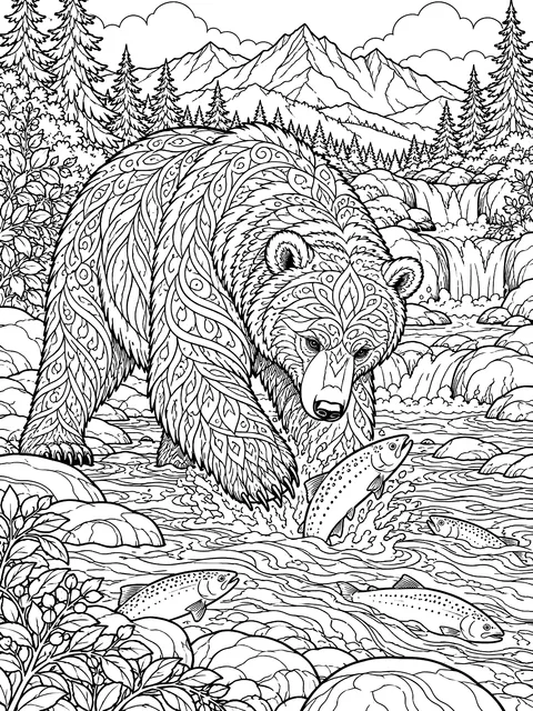 Detailed Bear in a salmon stream coloring page