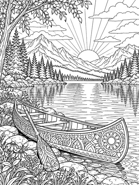 Detailed Canoe at sunrise coloring page