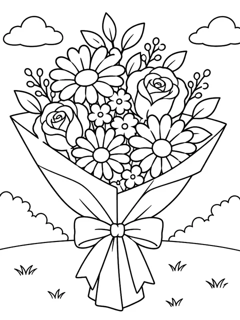 Bouquet wrapped in paper with a ribbon coloring page