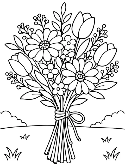 Hand-tied bouquet with string coloring page