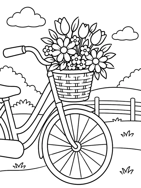 Bouquet in a bicycle basket coloring page