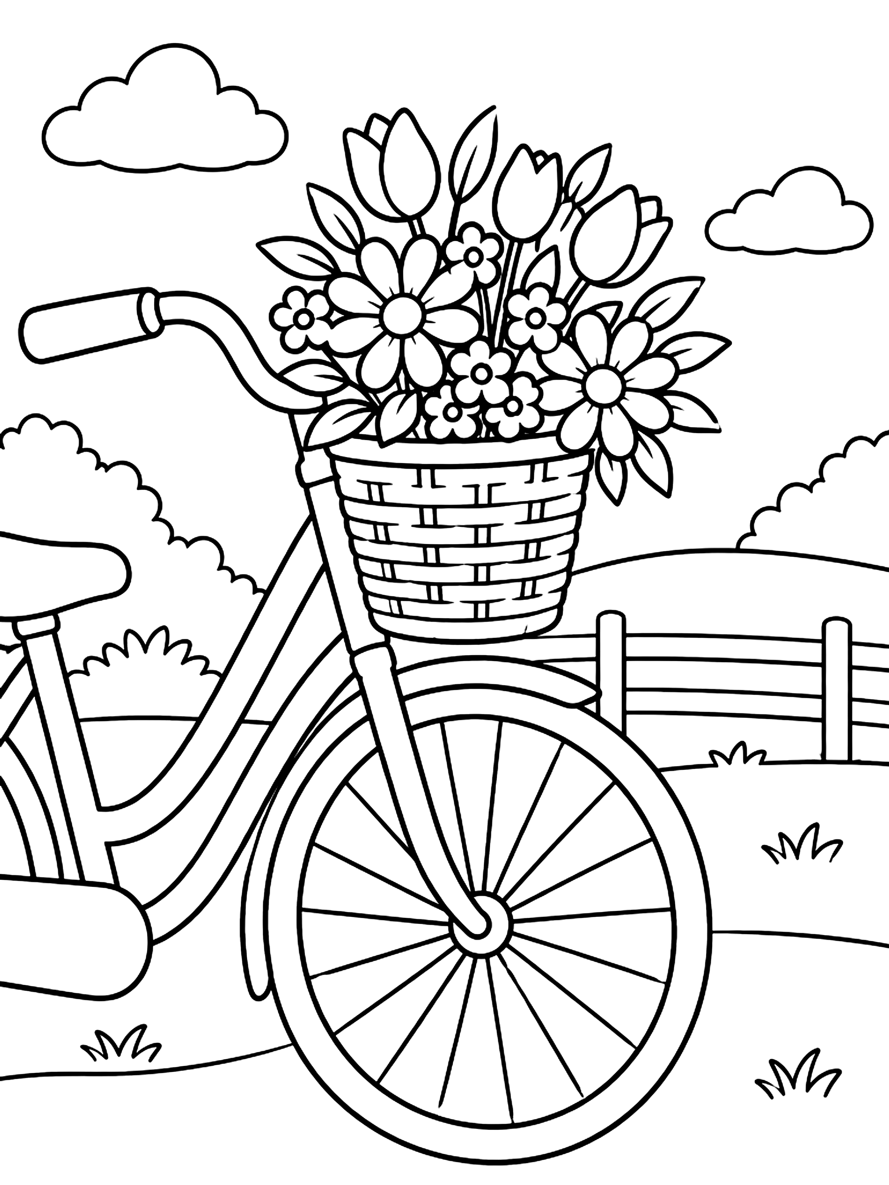 Bouquet in a bicycle basket coloring page