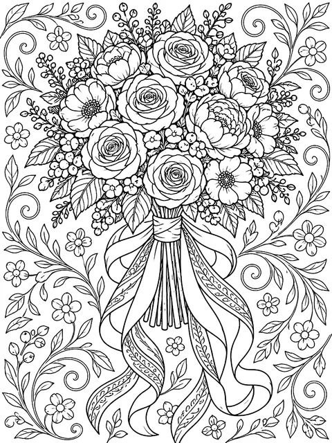 Detailed Round bridal bouquet with trailing ribbons coloring page