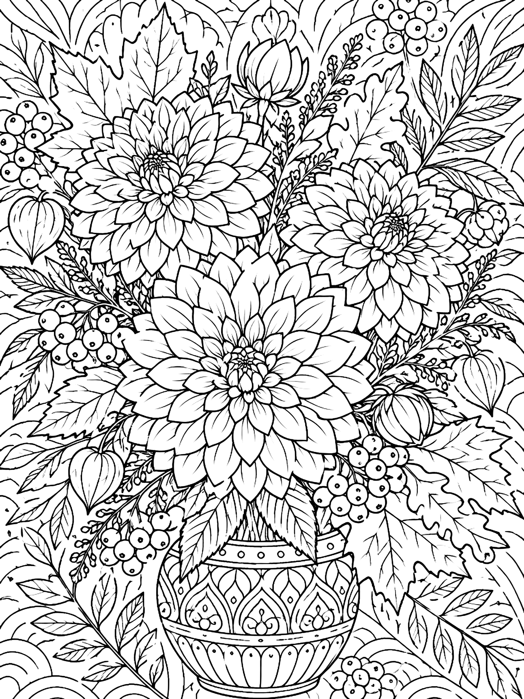 Detailed Autumn bouquet with dahlias and leaves coloring page