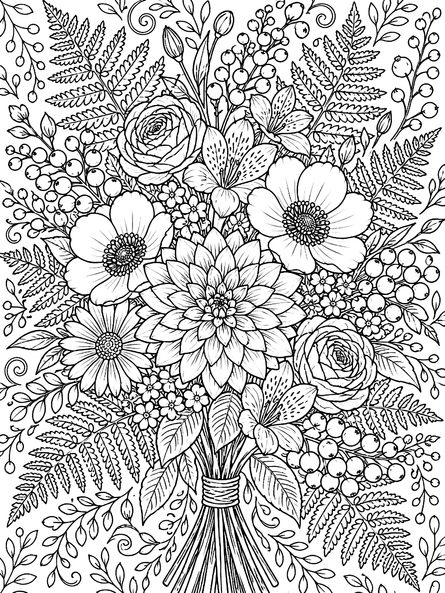 Detailed Large mixed bouquet with ferns and berries coloring page
