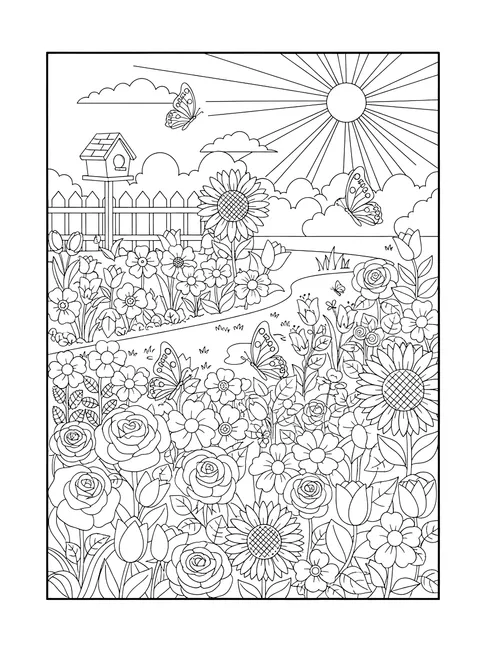 Flower garden with butterflies coloring page