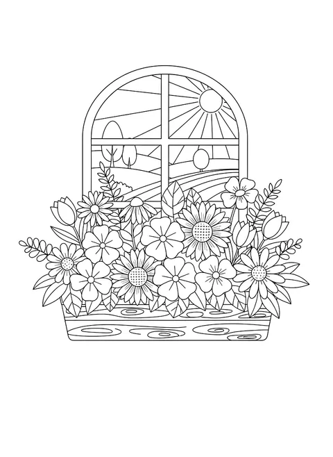 Window box flowers coloring page