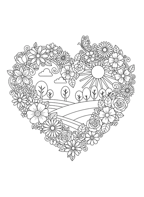 Heart-shaped flower wreath coloring page