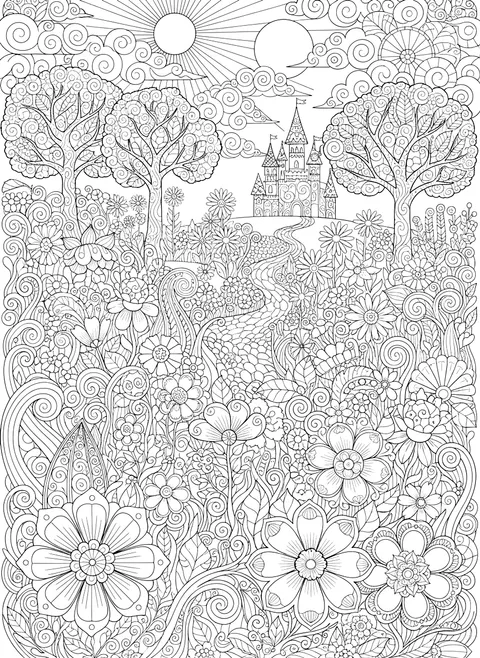 Detailed Flower meadow scene coloring page