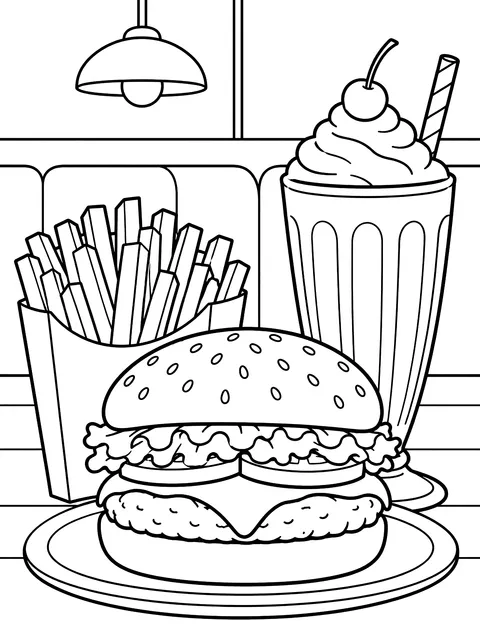 Burger, fries and a milkshake coloring page
