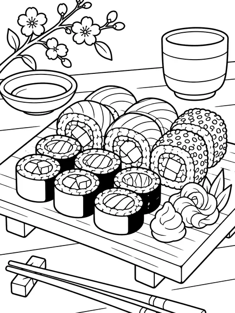 Tray of sushi rolls coloring page