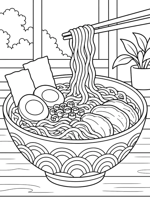 Bowl of ramen with chopsticks coloring page