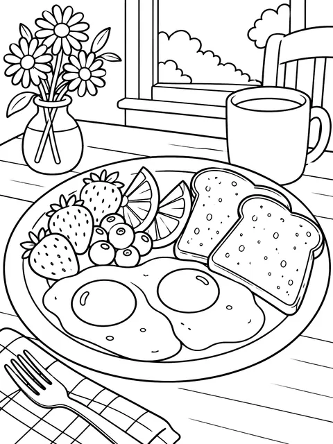 Breakfast plate with eggs, toast and fruit coloring page