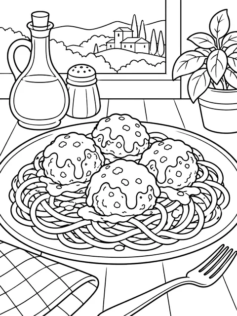 Spaghetti and meatballs coloring page