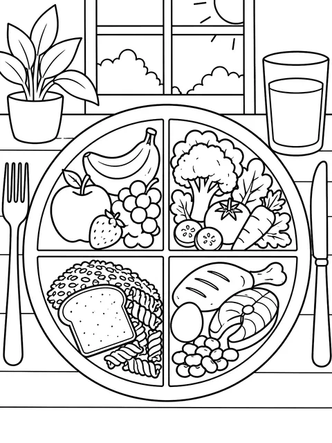 Food groups plate coloring page